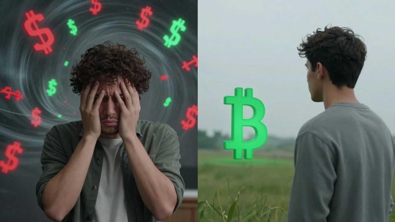 Cryptocurrency greed index concept with contrasting market emotions.