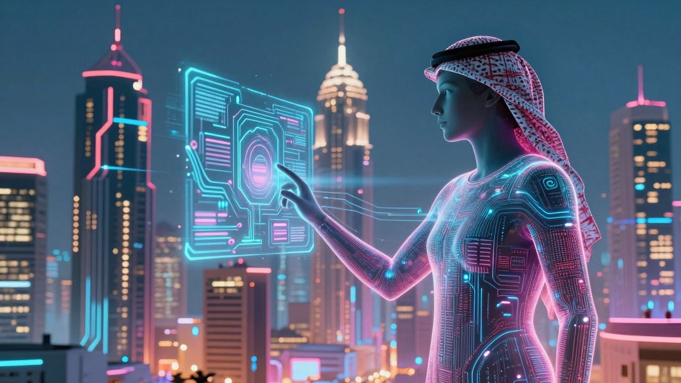 Oraș futurist cu circuite digitale și siluetă umană.