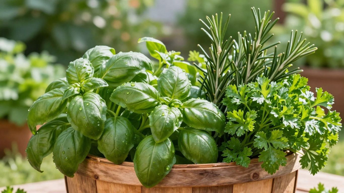 Frische Kräuter im Korb, Erntezeit