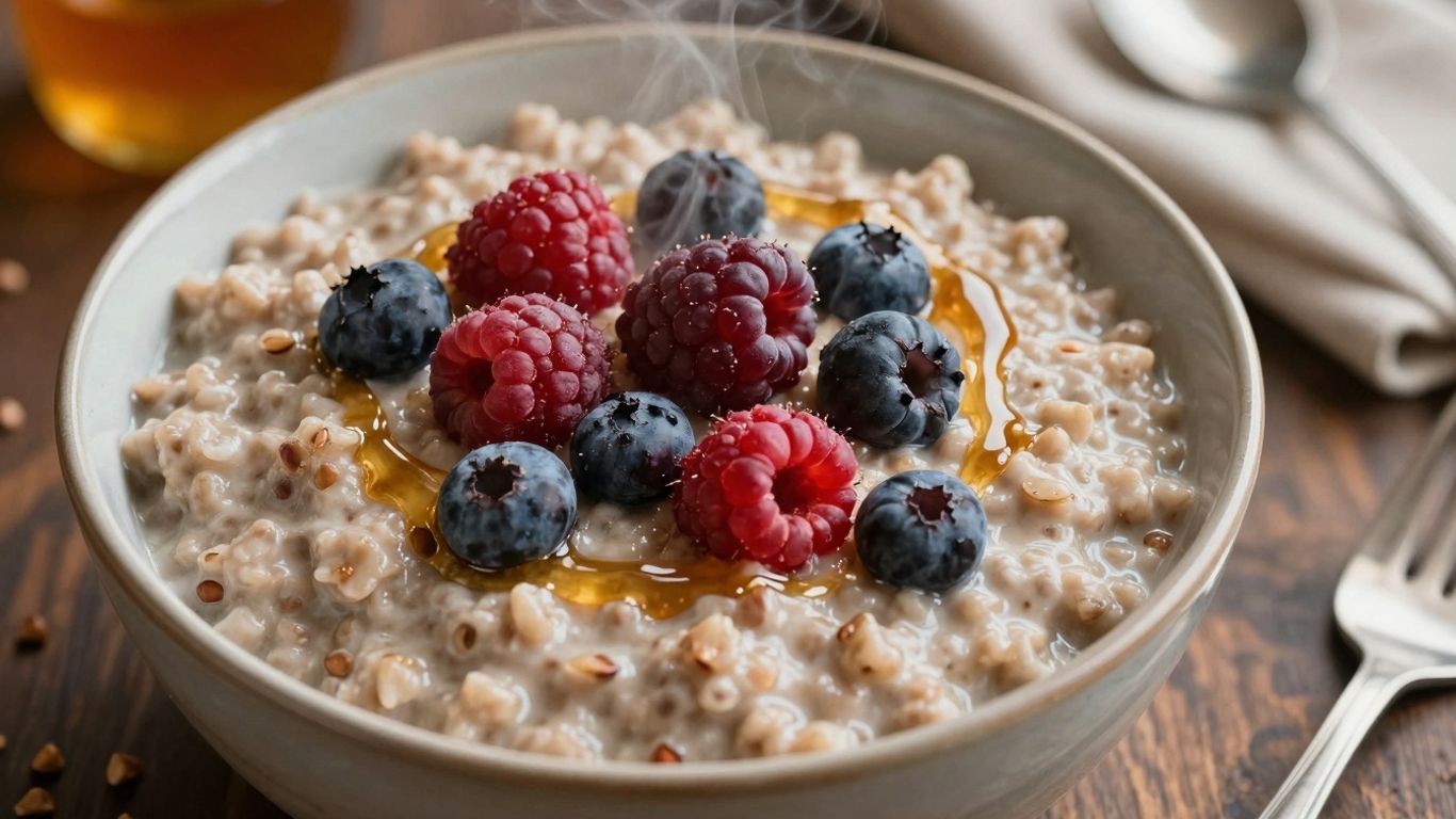 Bowl of buckwheat porridge with berries and honey.