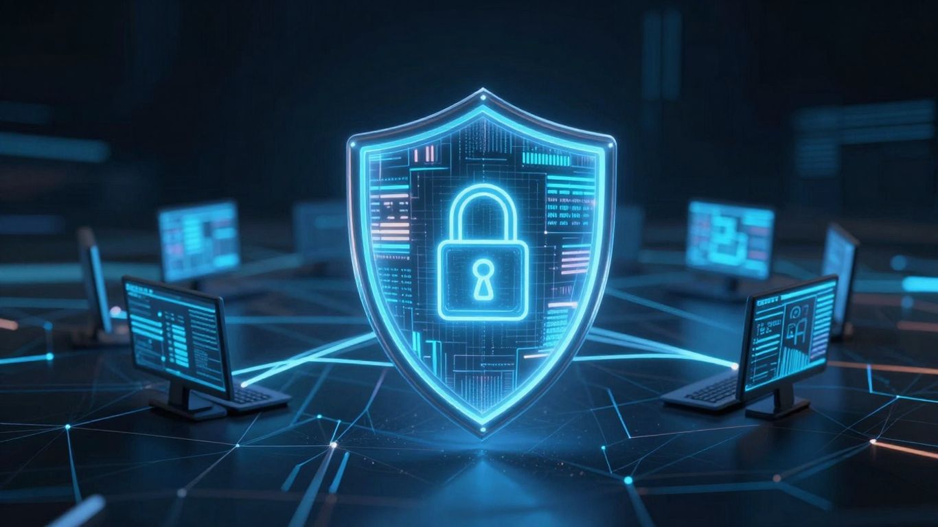 Digital shield protecting computer network from cyber threats.