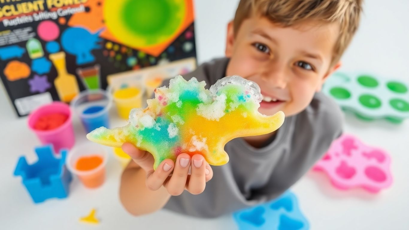 Boy happily holding a homemade dinosaur soap from a science kit.