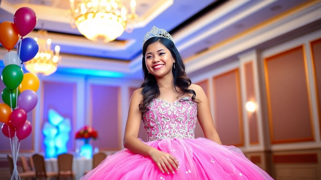 Young woman in a beautiful dress at a quinceañera celebration.
