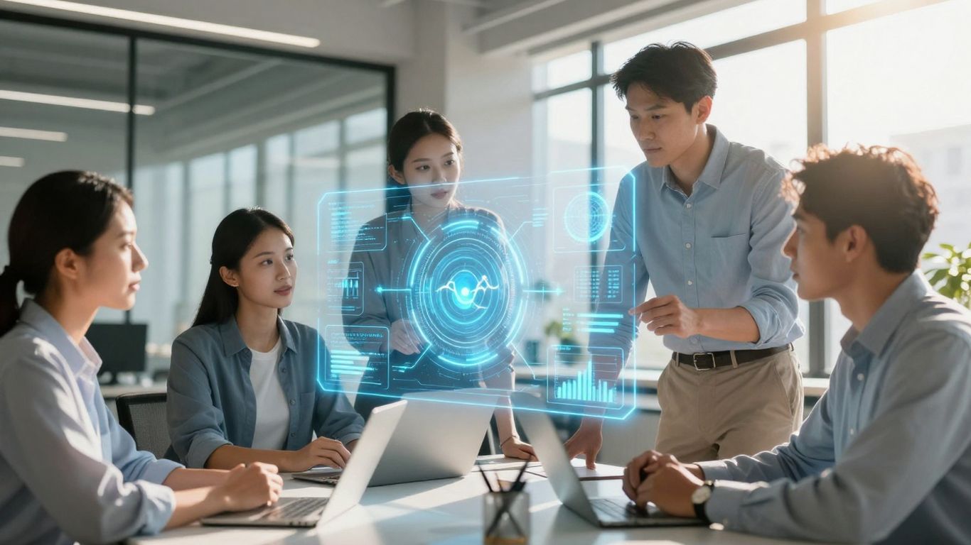 Professionals interacting with a digital health interface.