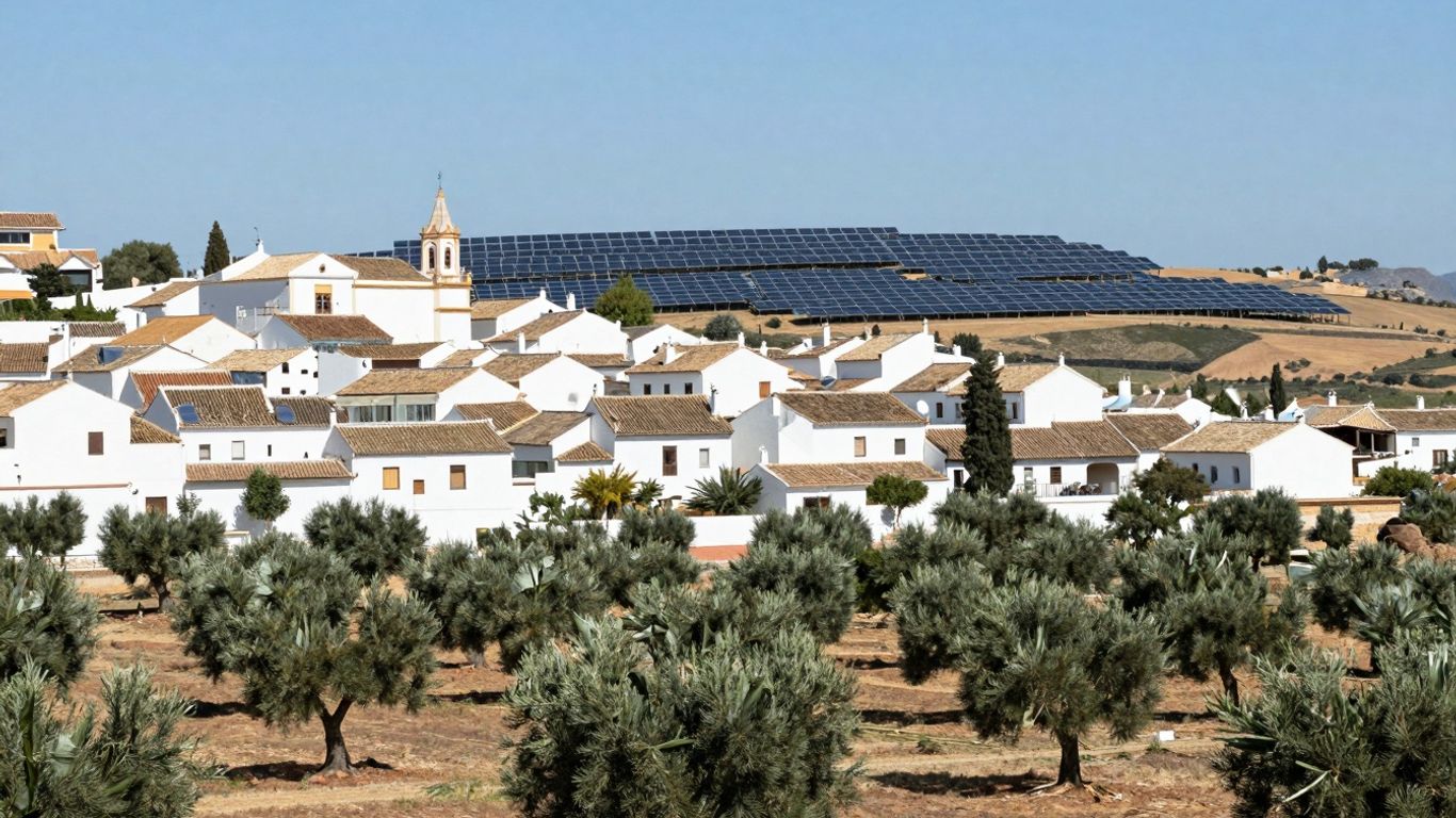 Village andalou et oliveraies face aux panneaux solaires.