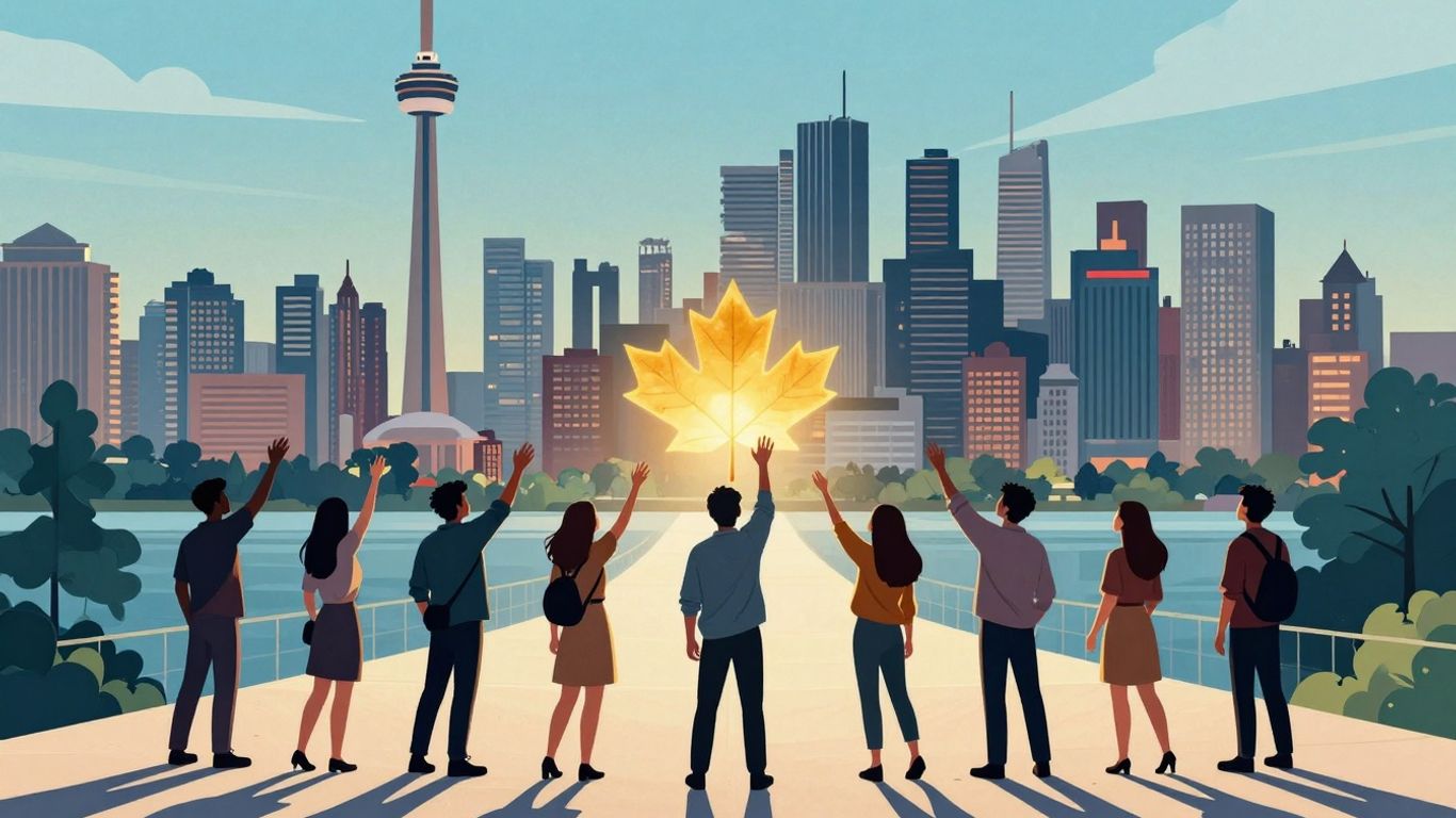 Dream job in entertainment, Canada presence, cityscape, maple leaf.