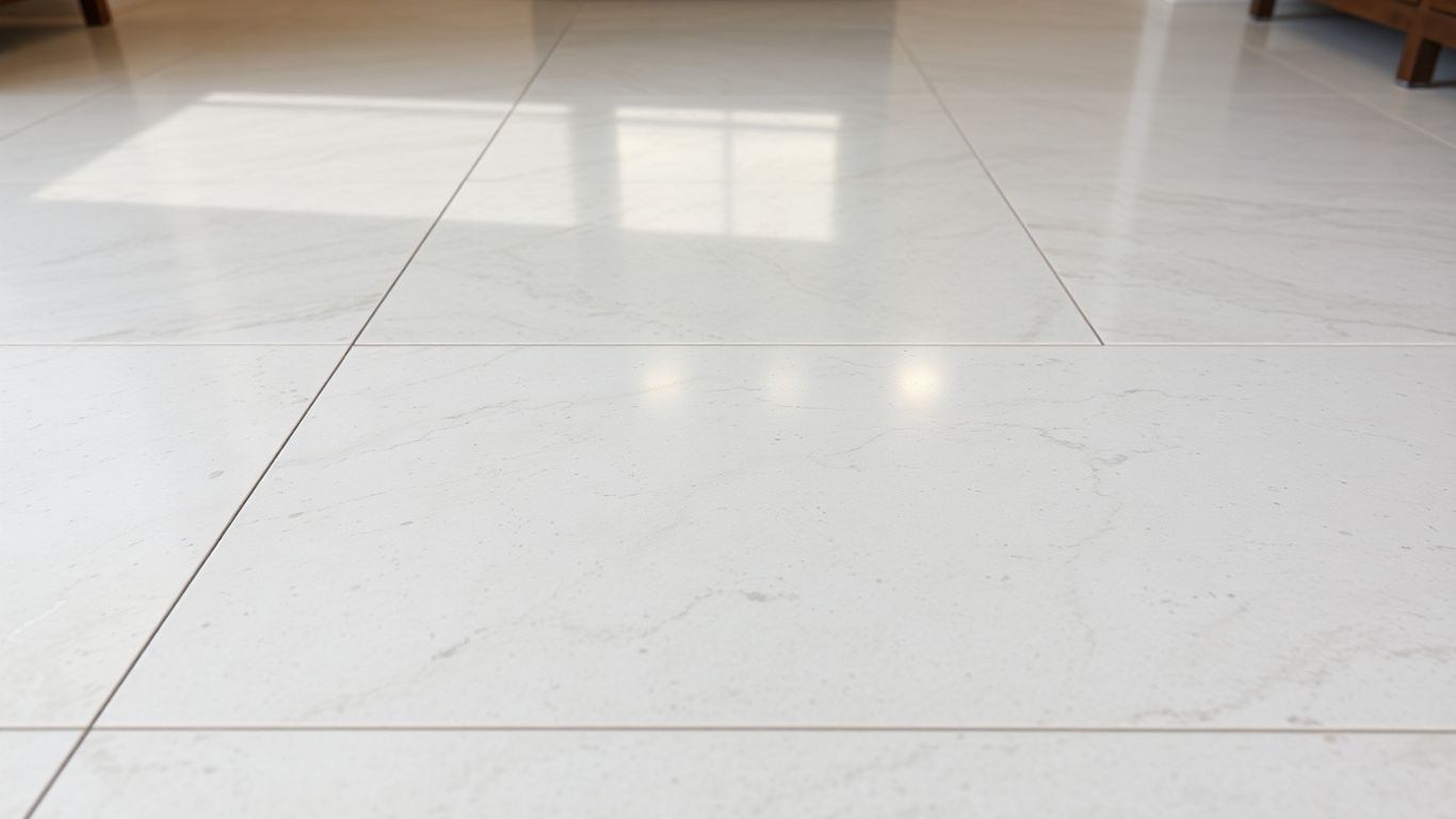 Newly installed gleaming floor quartz tiles