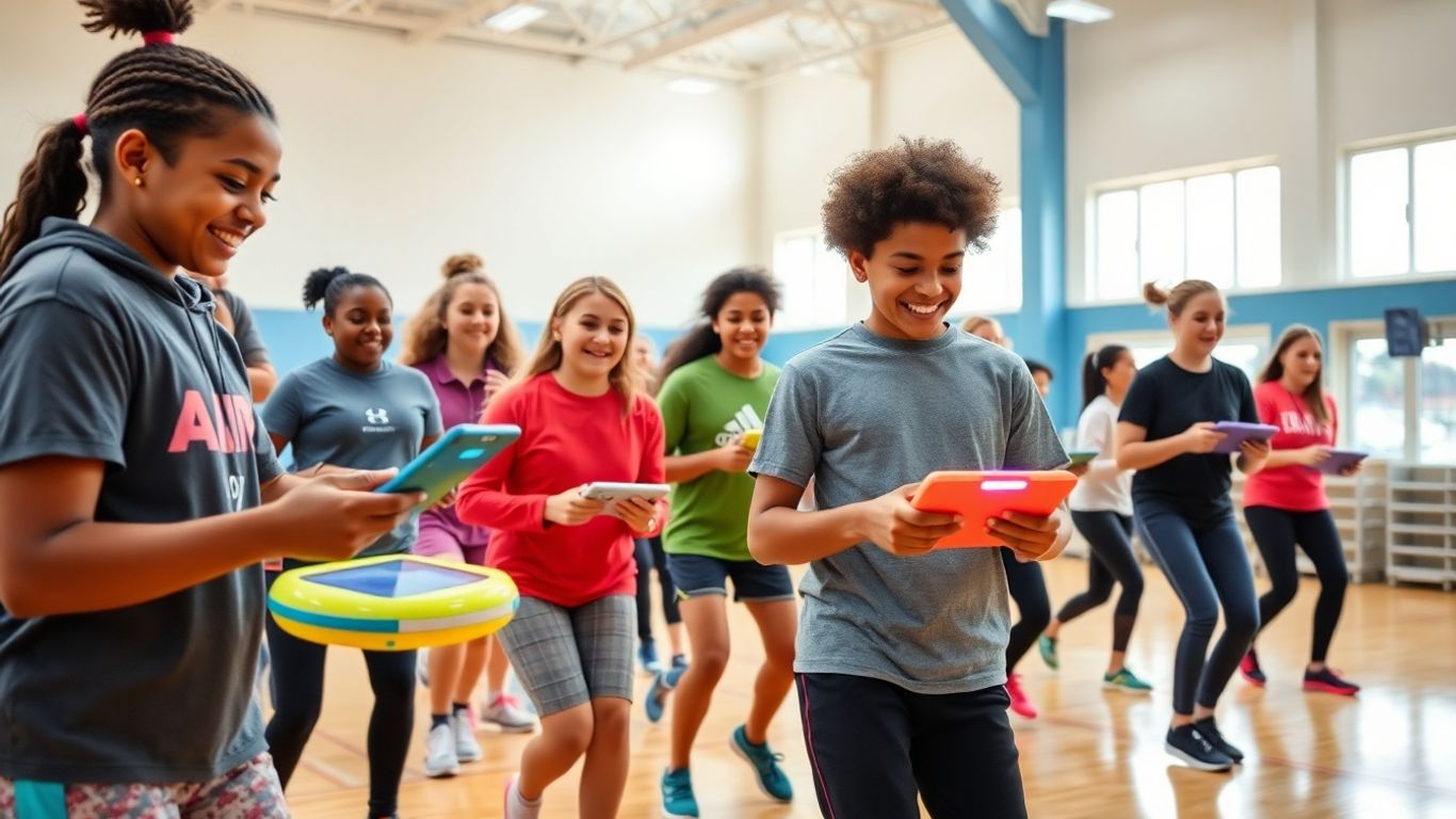Schüler nutzen Technologie im modernen Sportunterricht.