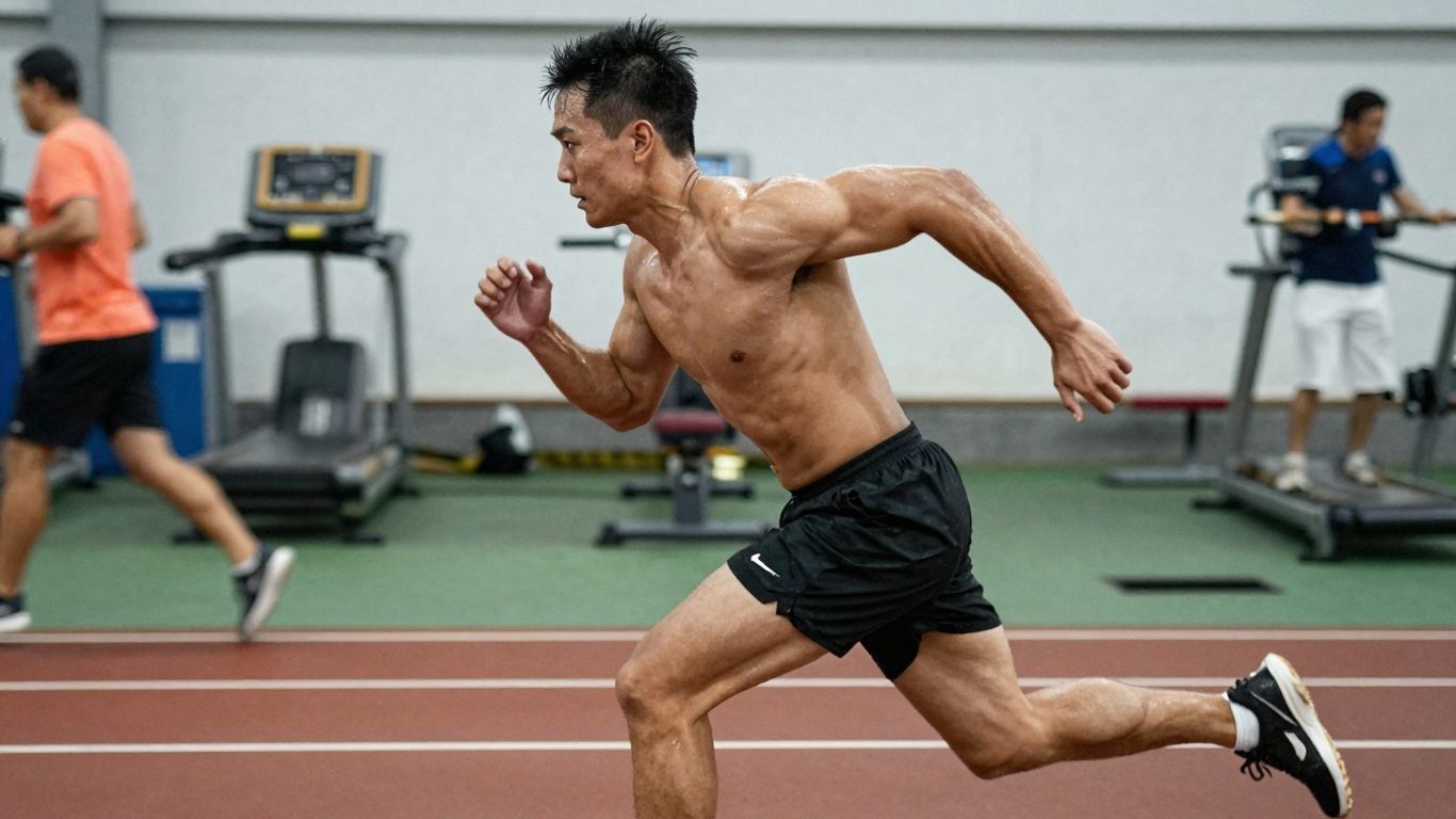 Athlete running intensely during high-intensity training.