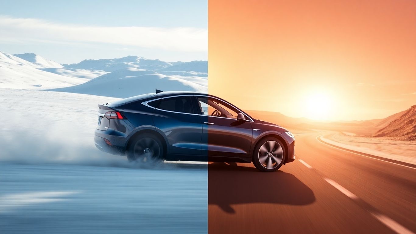 Electric car driving through extreme weather conditions.