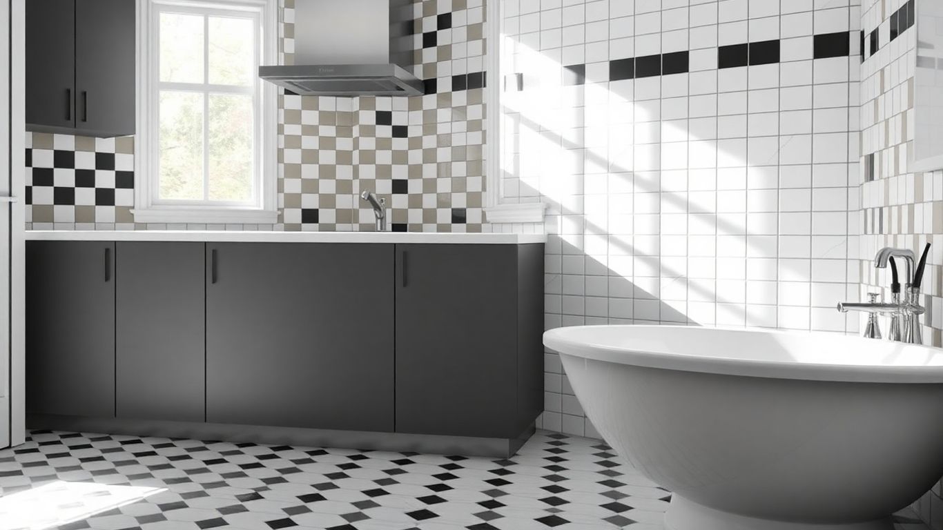 Black and white checkered tile kitchen and bathroom