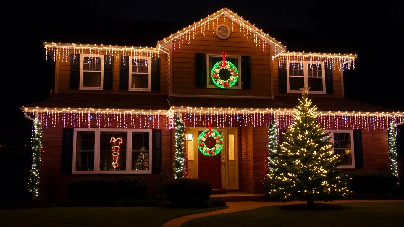 Festive home decorated with Christmas lights in Dardenne Prairie.