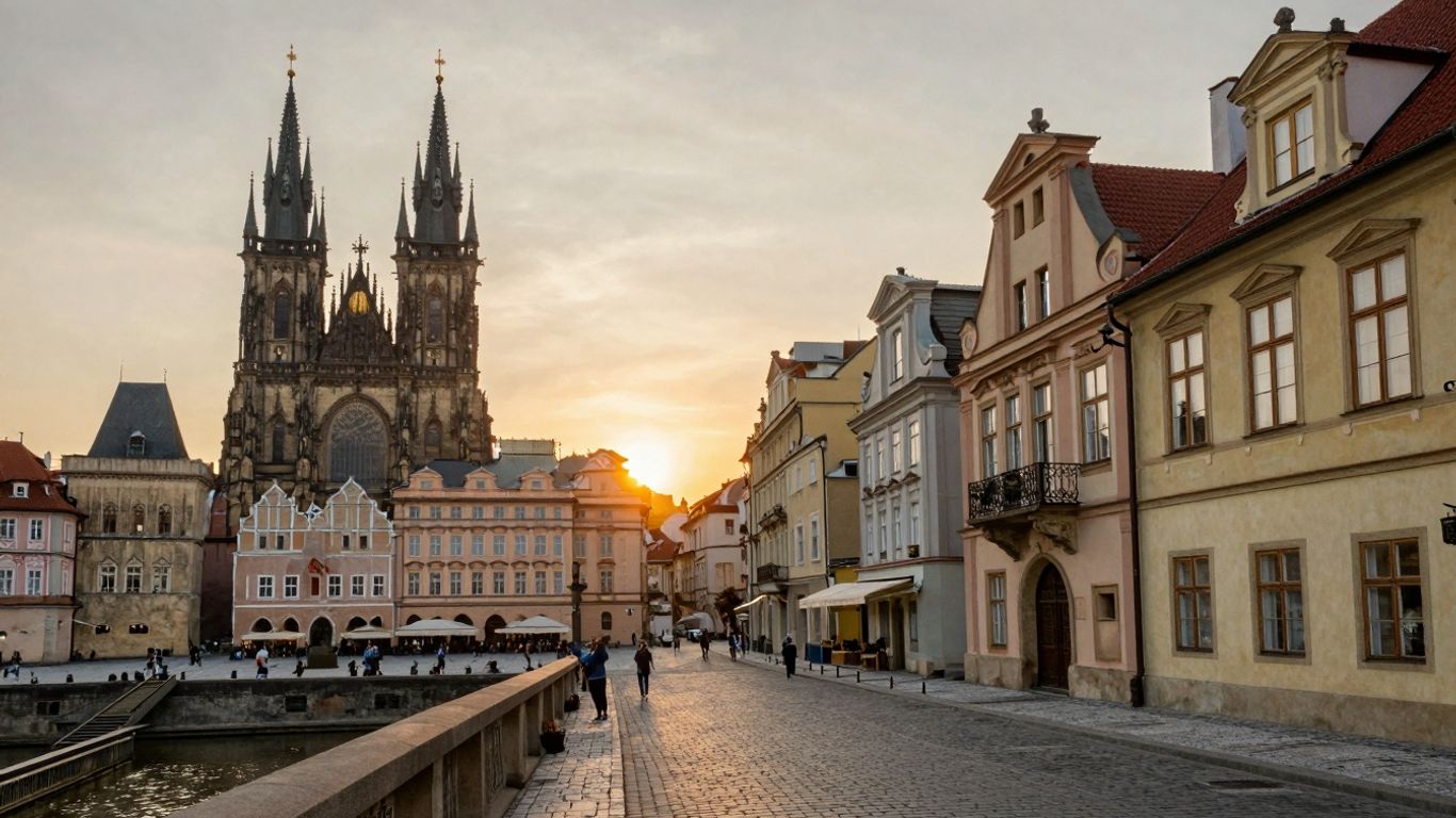 Budget European cityscape at sunset