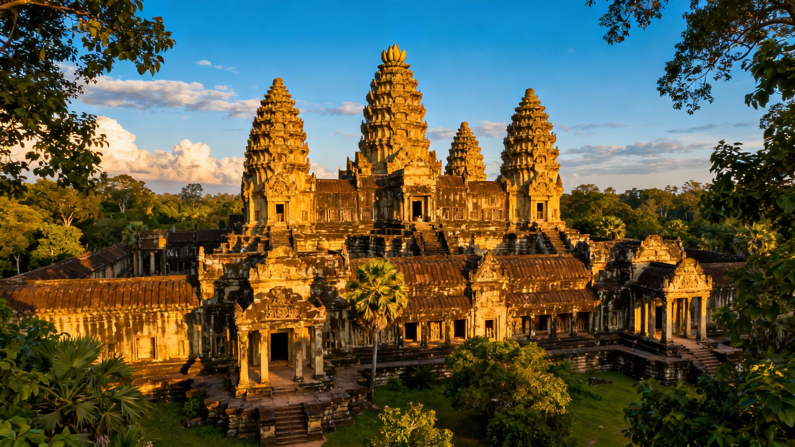 Angkor Wat temple complex in Cambodia with intricate carvings.