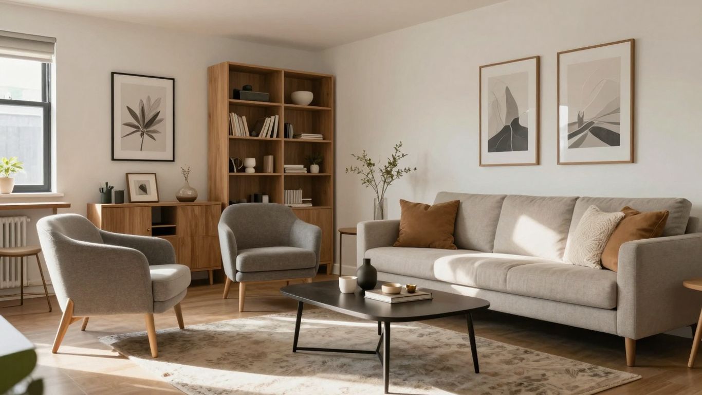 Stylish Airbnb living room with modern furniture and natural light.