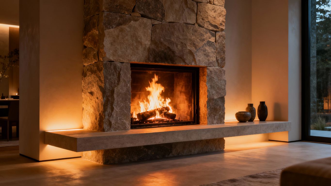 Modern fireplace with stone surround and roaring fire.