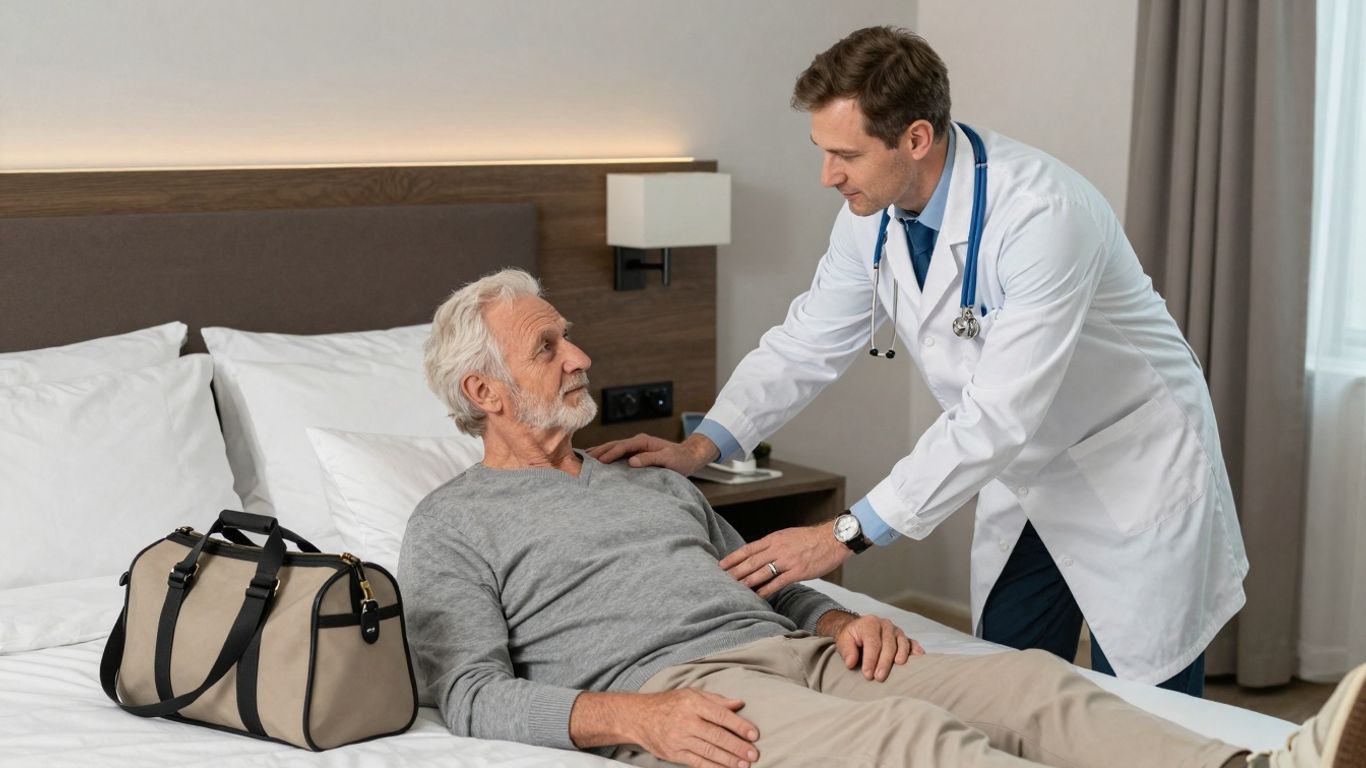 Doctor caring for elderly guest in hotel room.
