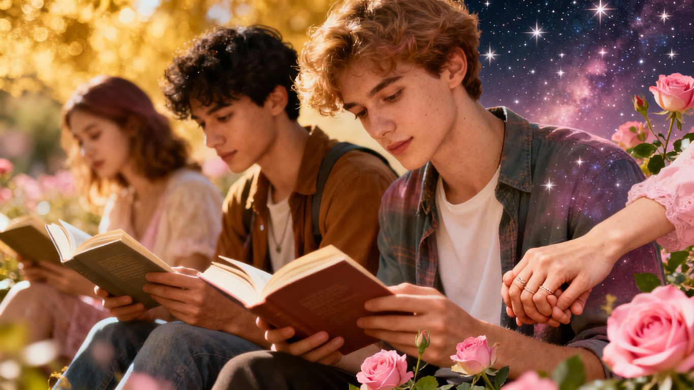 Young adults reading romance novels, surrounded by romantic imagery.