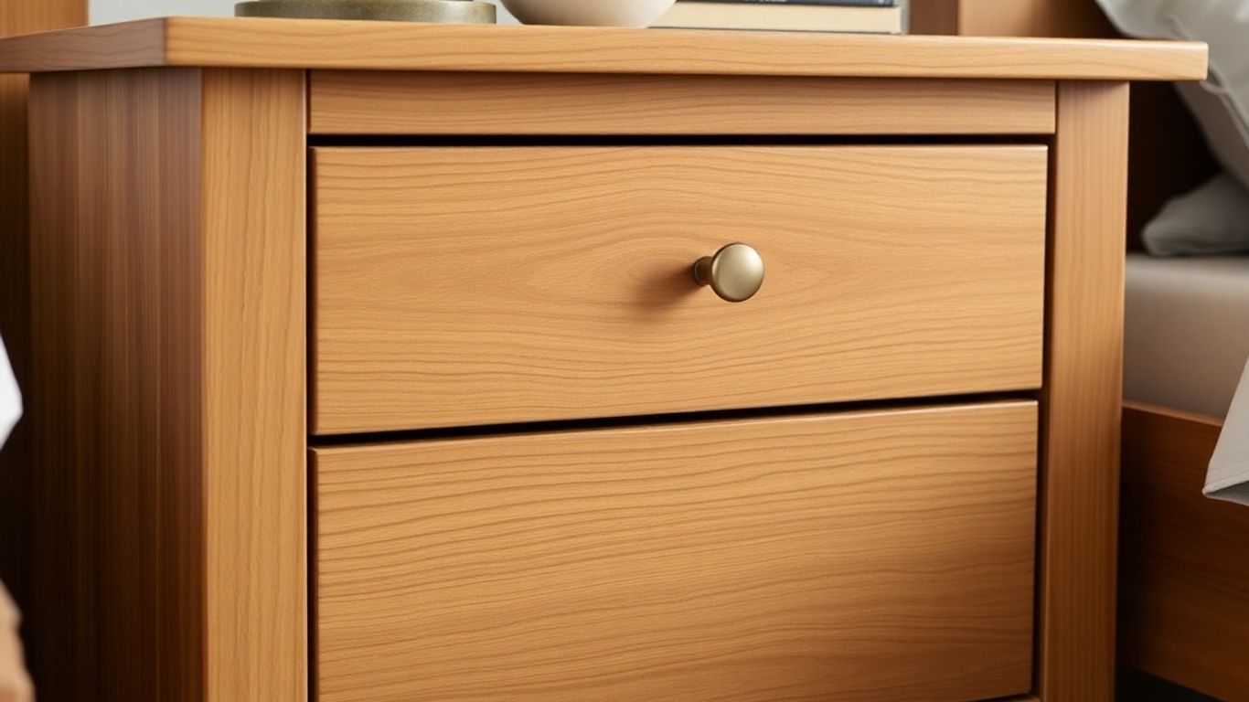 Oak color nightstand in a bedroom setting.