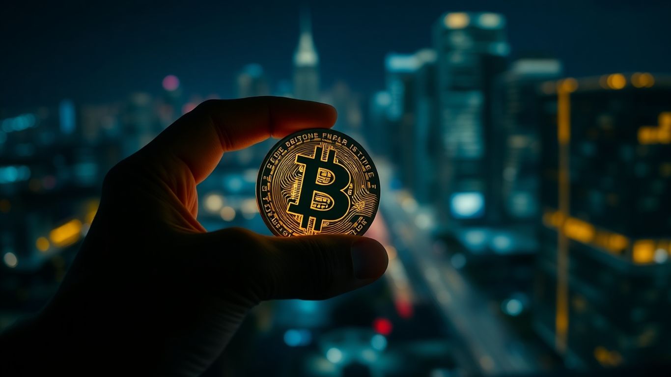Hand holding a golden Bitcoin coin, cityscape background.