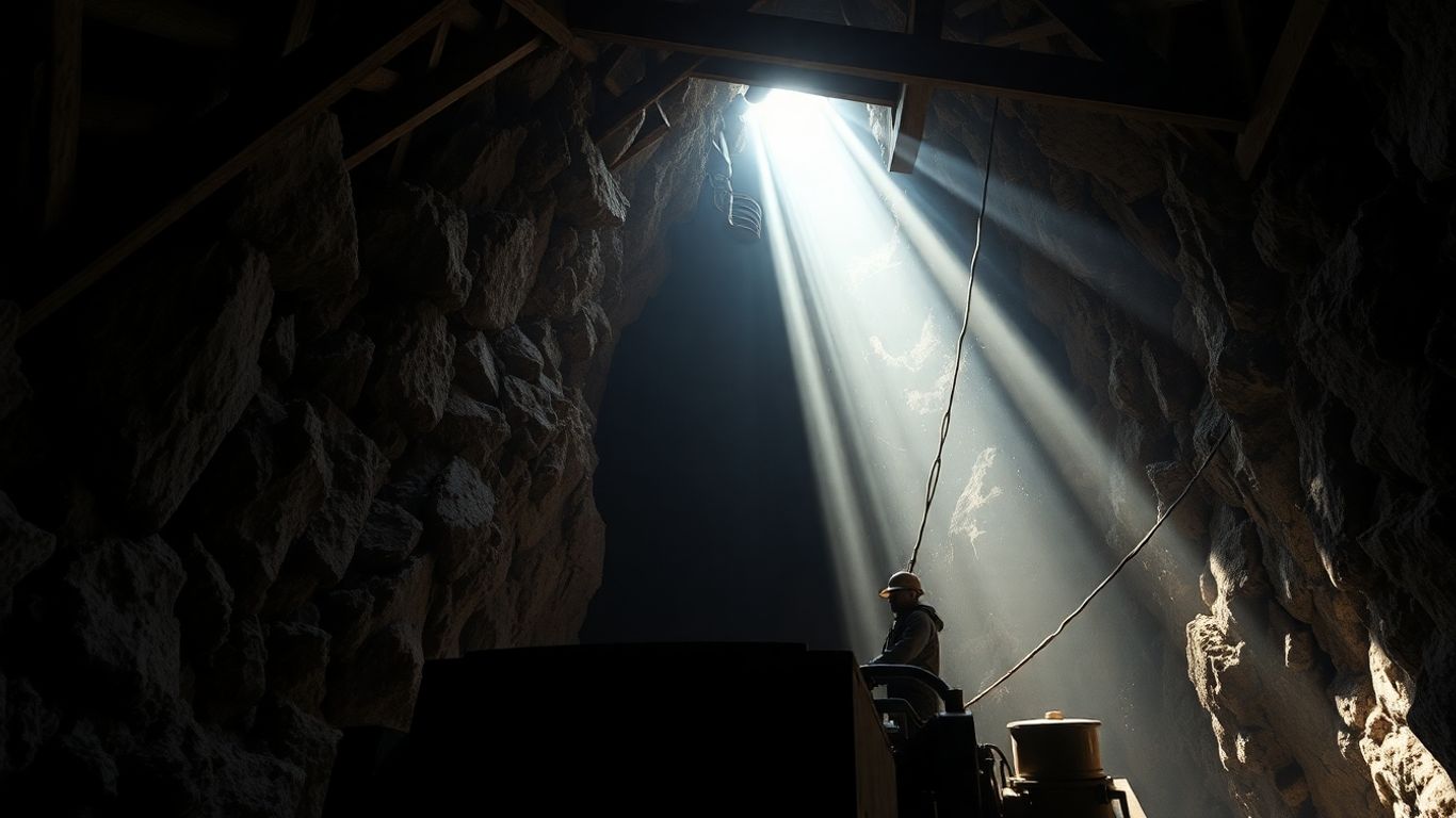 矿工在昏暗和灯光闪烁的金矿中工作。