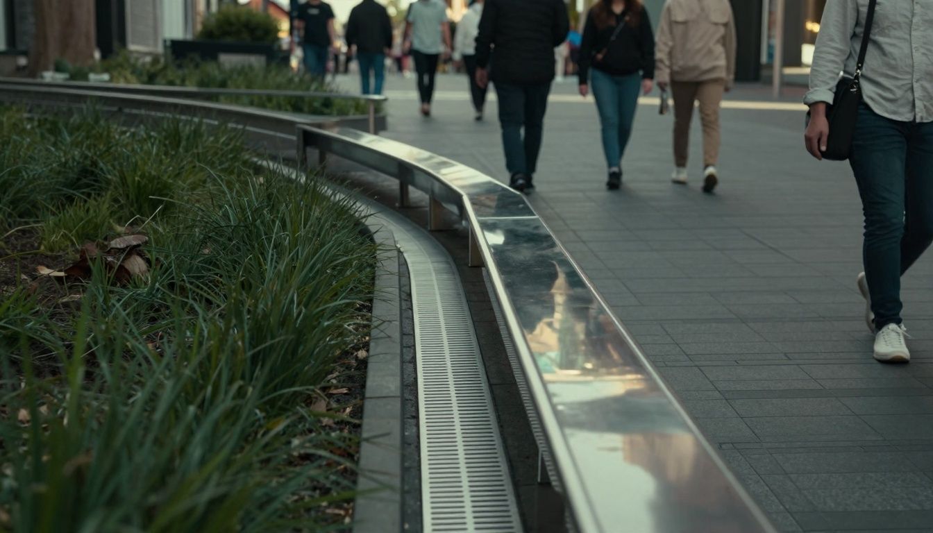 Australian made stainless steel drainage channel with custom curved installation in a high-traffic outdoor urban plaza