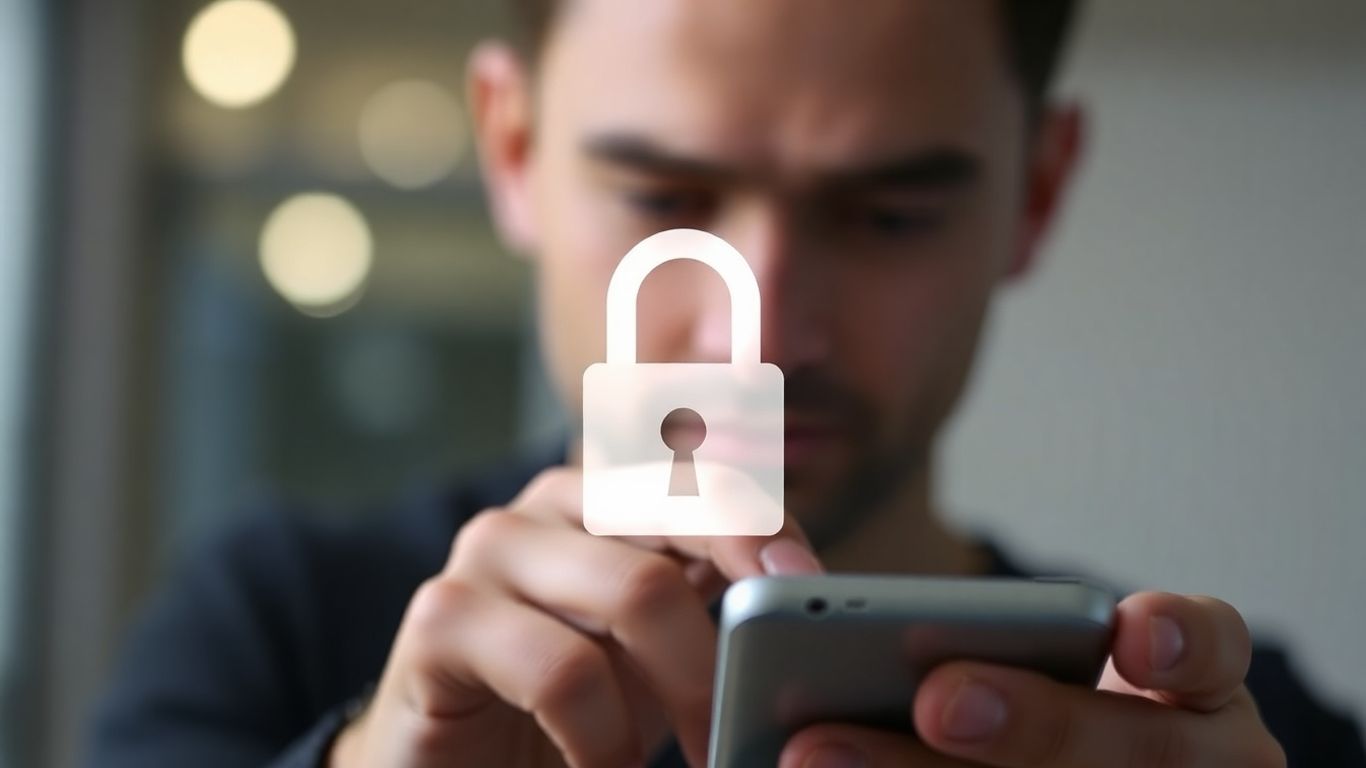 Pessoa verificando informações no celular com cadeado digital.