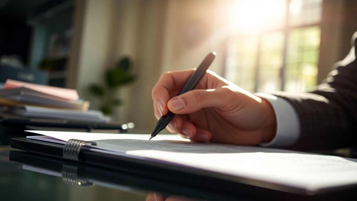 Mãos preenchendo formulário fiscal com caneta.