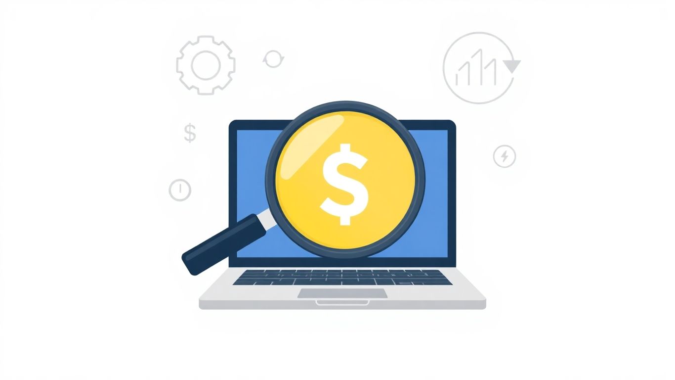 Magnifying glass laptop dollar sign with SEO icons