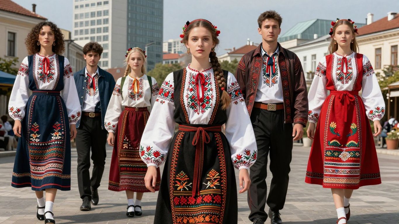 Folclor românesc în viața modernă, costum tradițional și oraș.