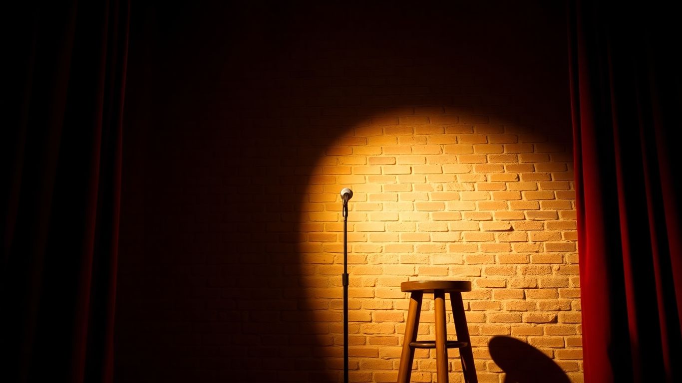 Empty stage with spotlight, microphone, brick wall, and stool