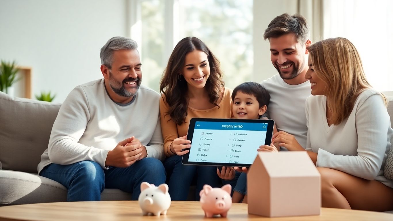 Familia feliz comparando seguros de hogar en una tablet.