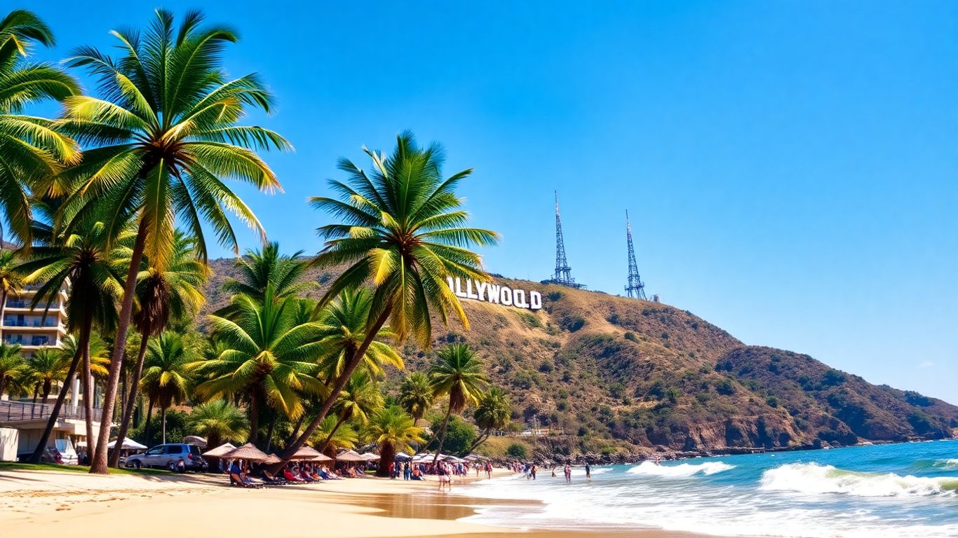 Hollywood sign and beach scene for Los Angeles vacation package.