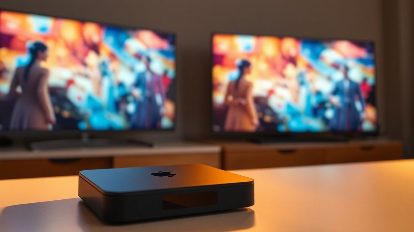 Android TV box with streaming content on screen.