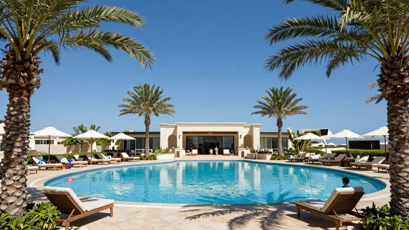 Grand Velas Los Cabos family resort pool with palm trees.