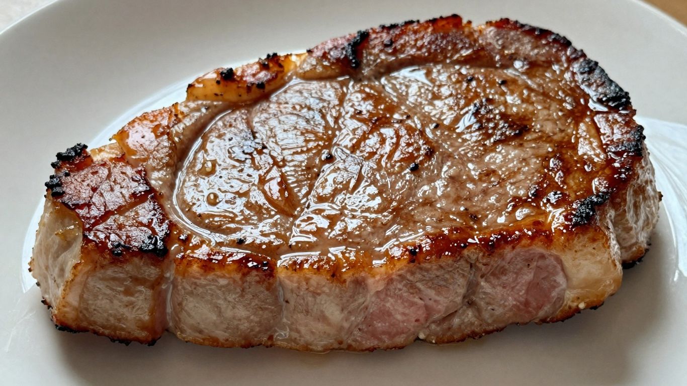Pan-seared ham steak on a white plate.