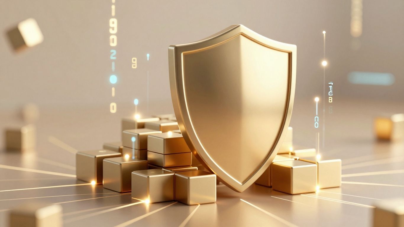 Cybersecurity shield protecting blockchain network from digital threats.