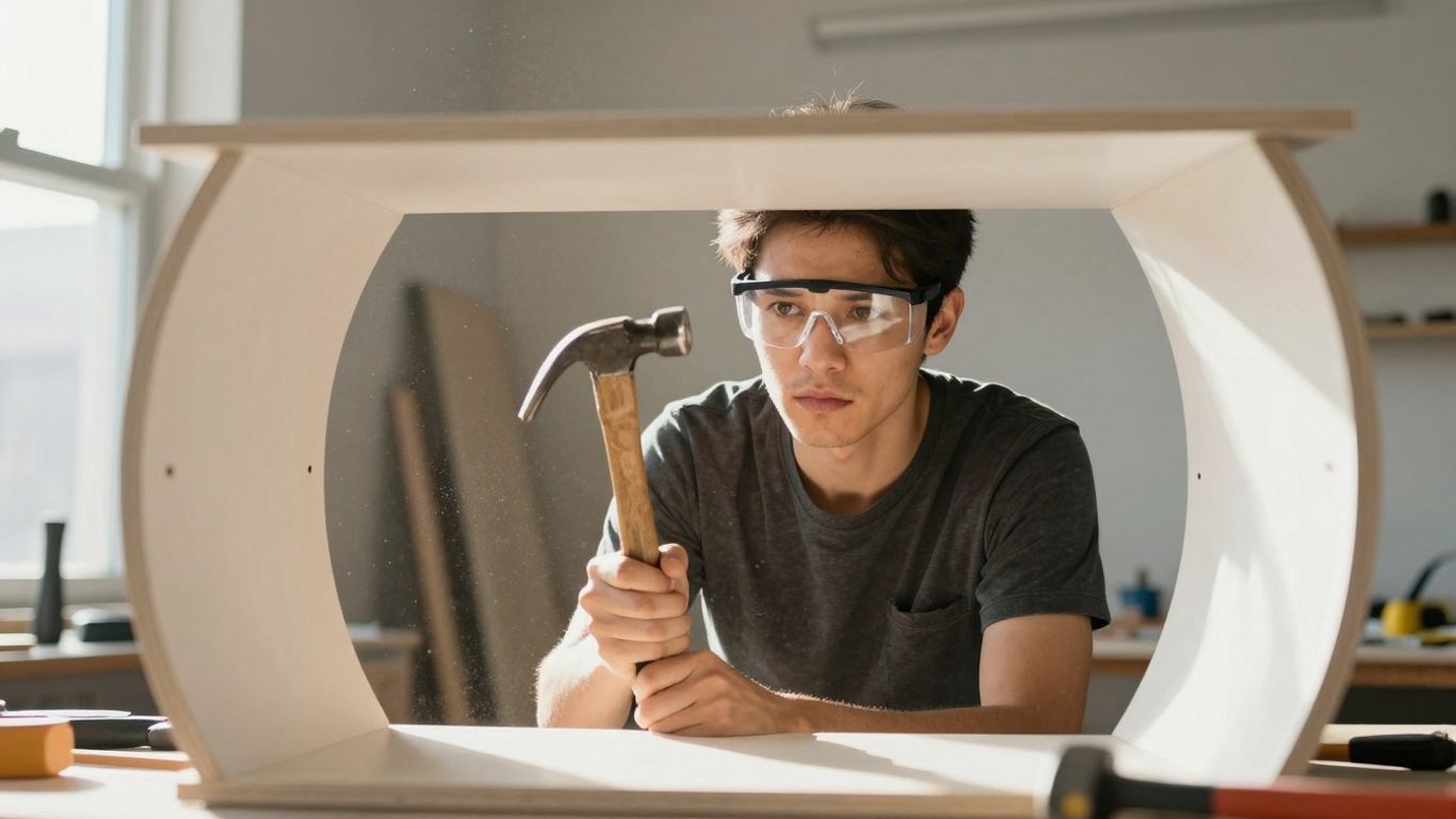 Person working on a DIY project in a workshop.
