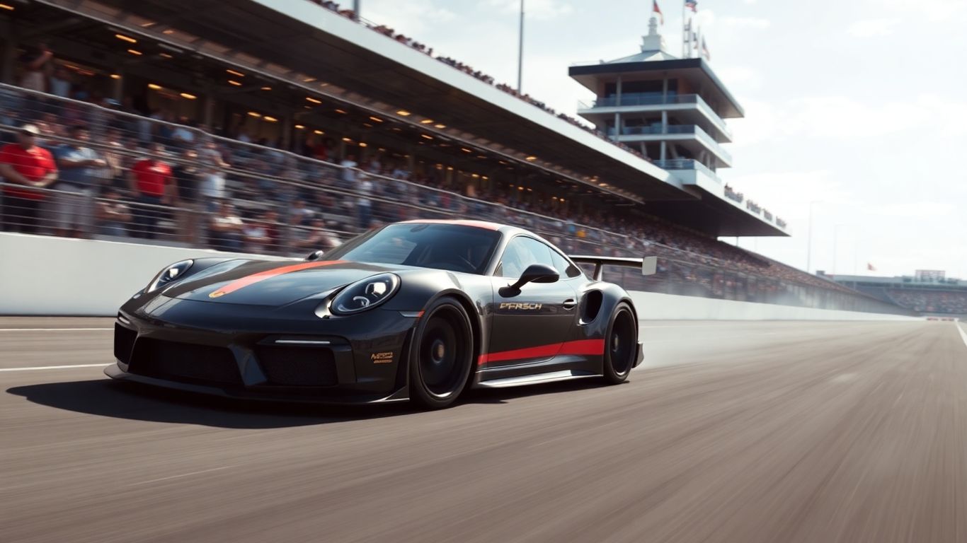 Porsche race car on Indianapolis Motor Speedway track