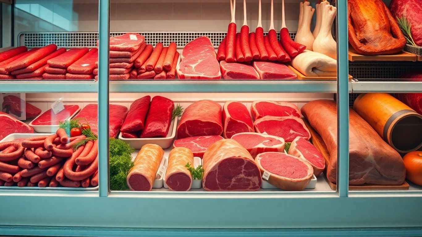 Butcher display case with fresh meat cuts.