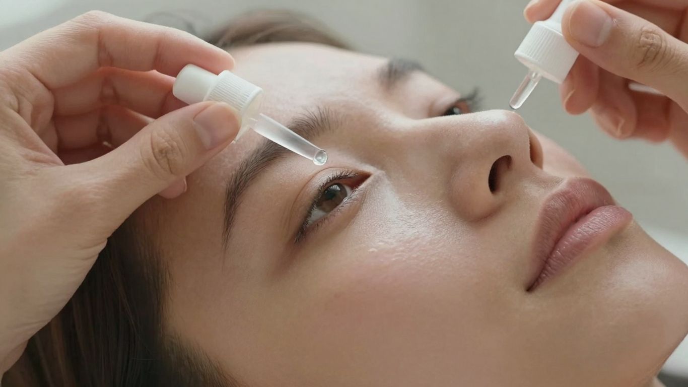Person applying eye drops for dry eye relief.