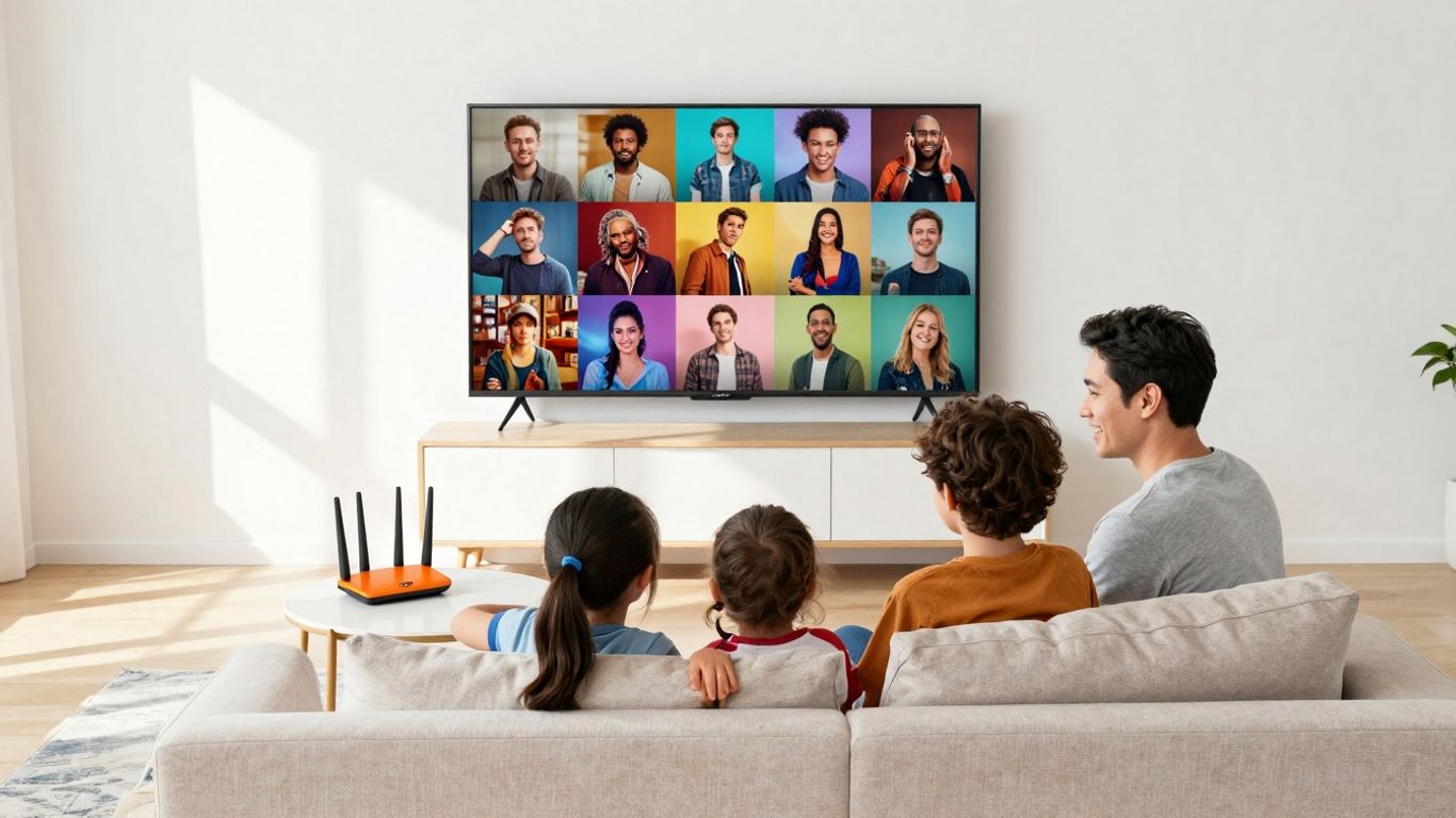 Family enjoying Orange Internet TV packages at home.