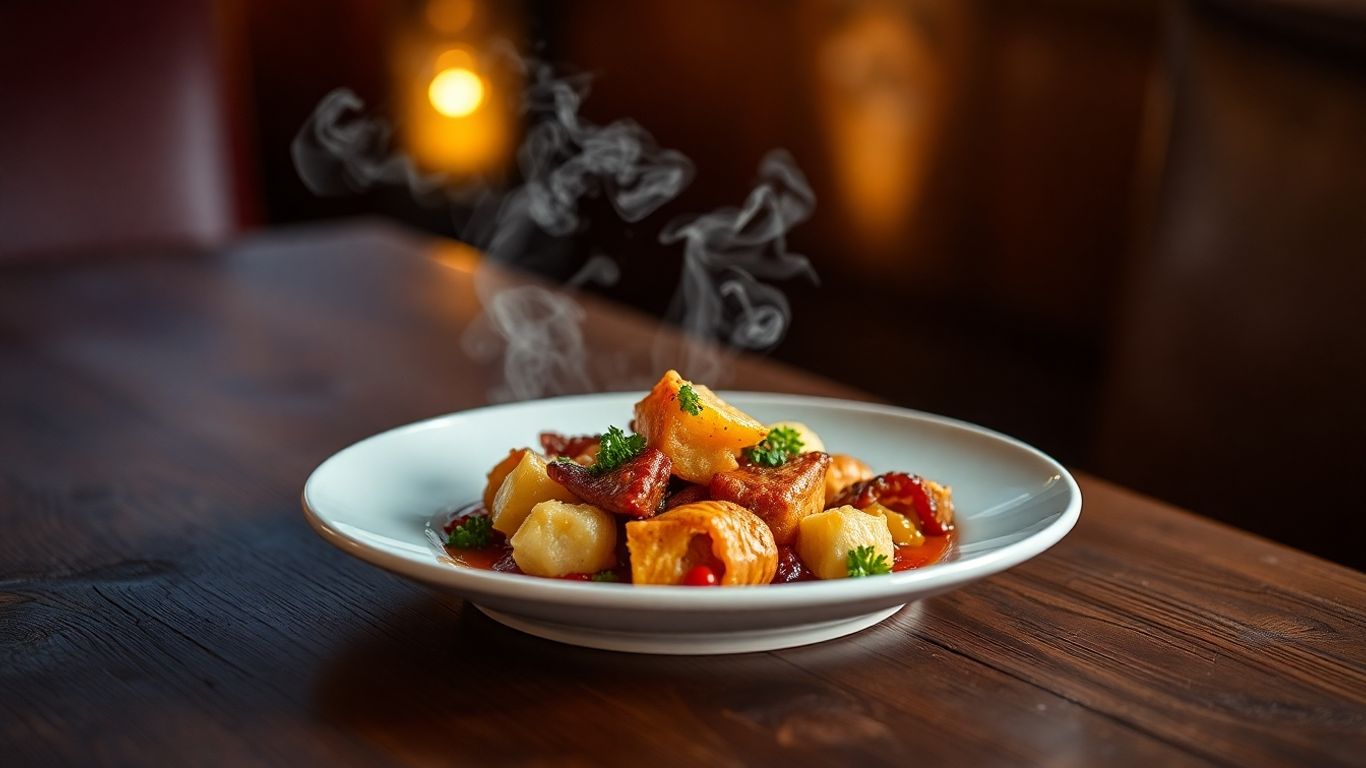 Gourmet solo dinner plate with steam, dramatic lighting.