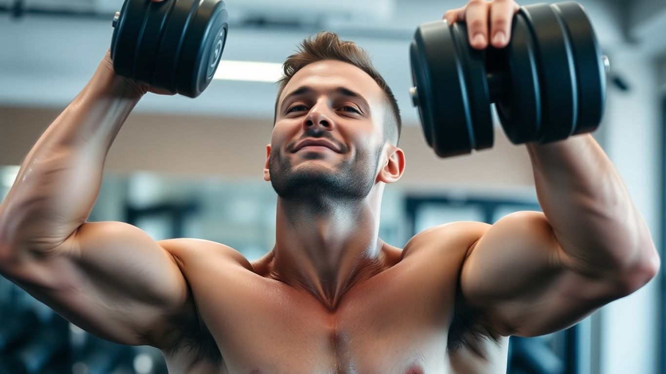 Man lifting dumbbell overhead in gym