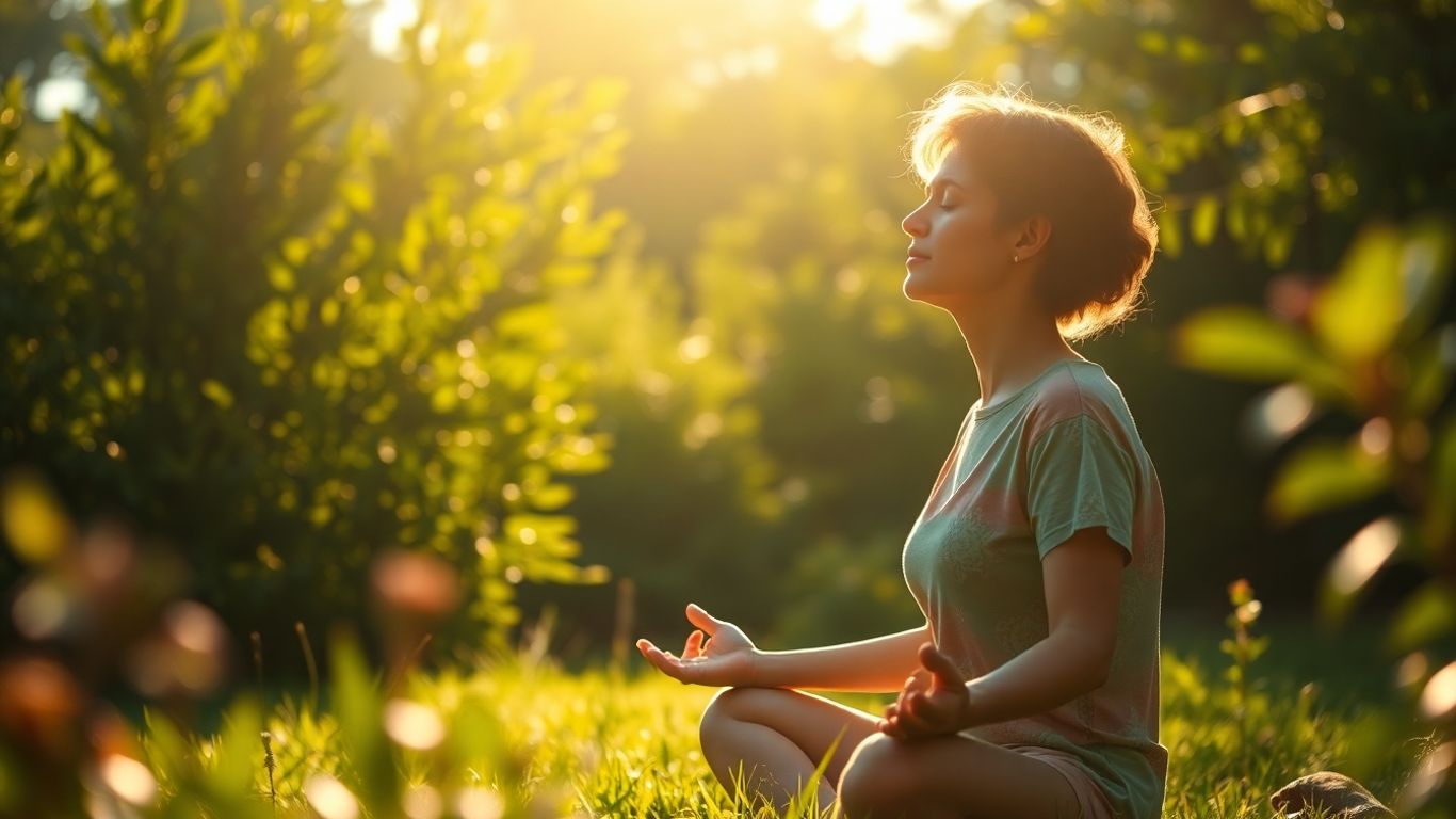 Person meditating peacefully outdoors in warm sunlight.