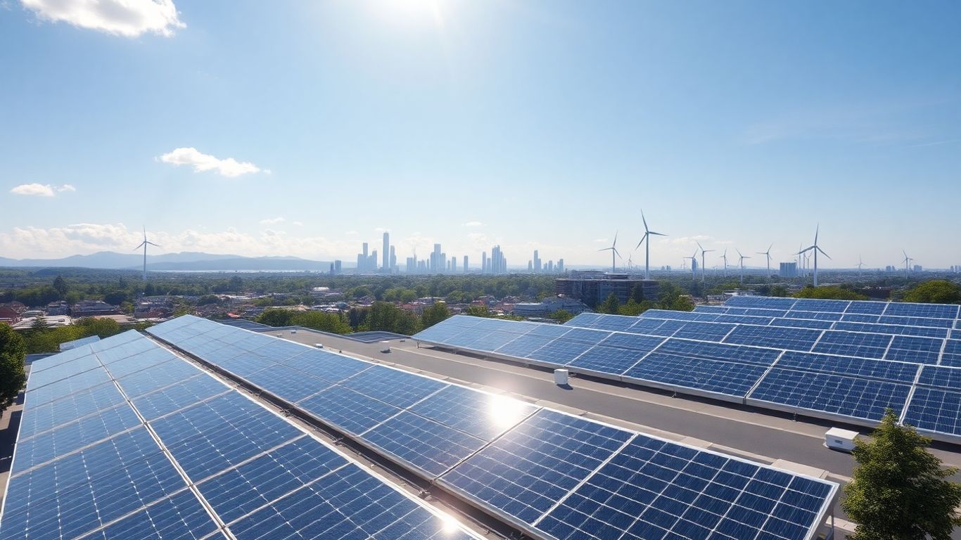 Modern solar panels on futuristic city rooftops