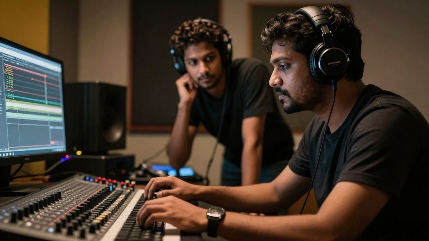 Artist and producer collaborating in a music studio.