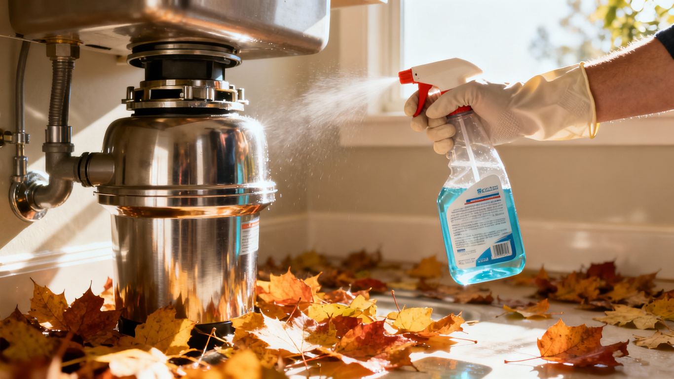 Garbage disposal care with fall leaves and cleaning supplies.