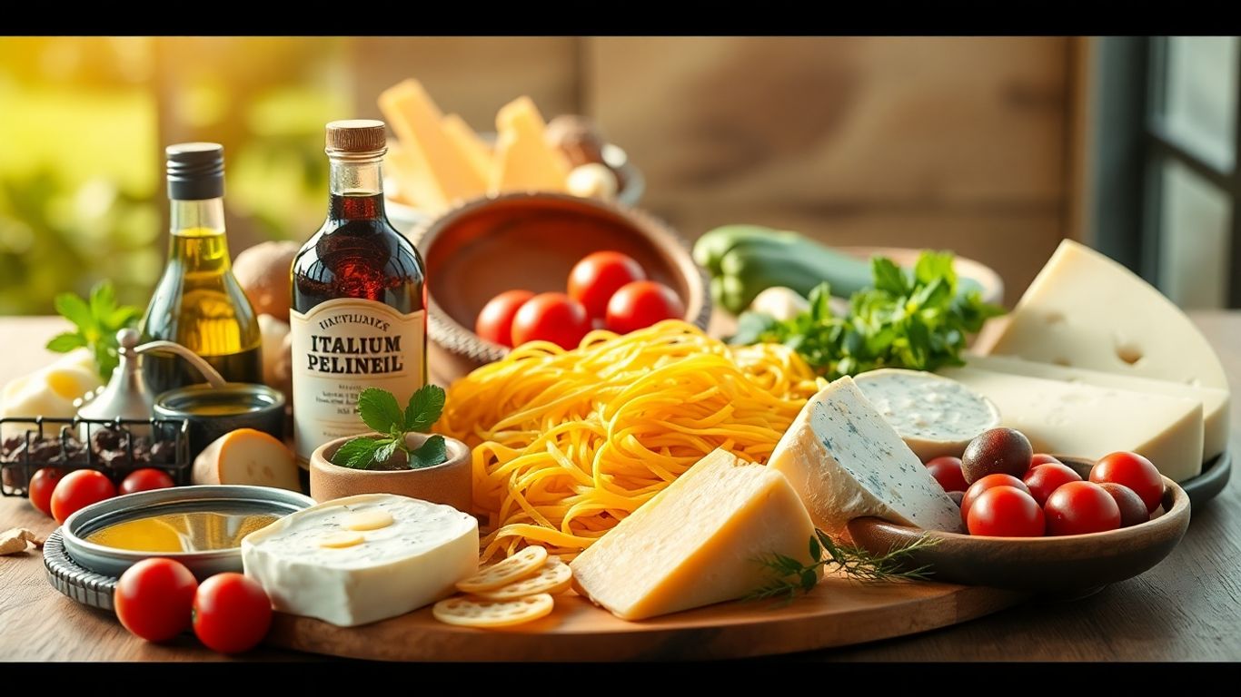 Gourmet Italian food ingredients arranged artfully.
