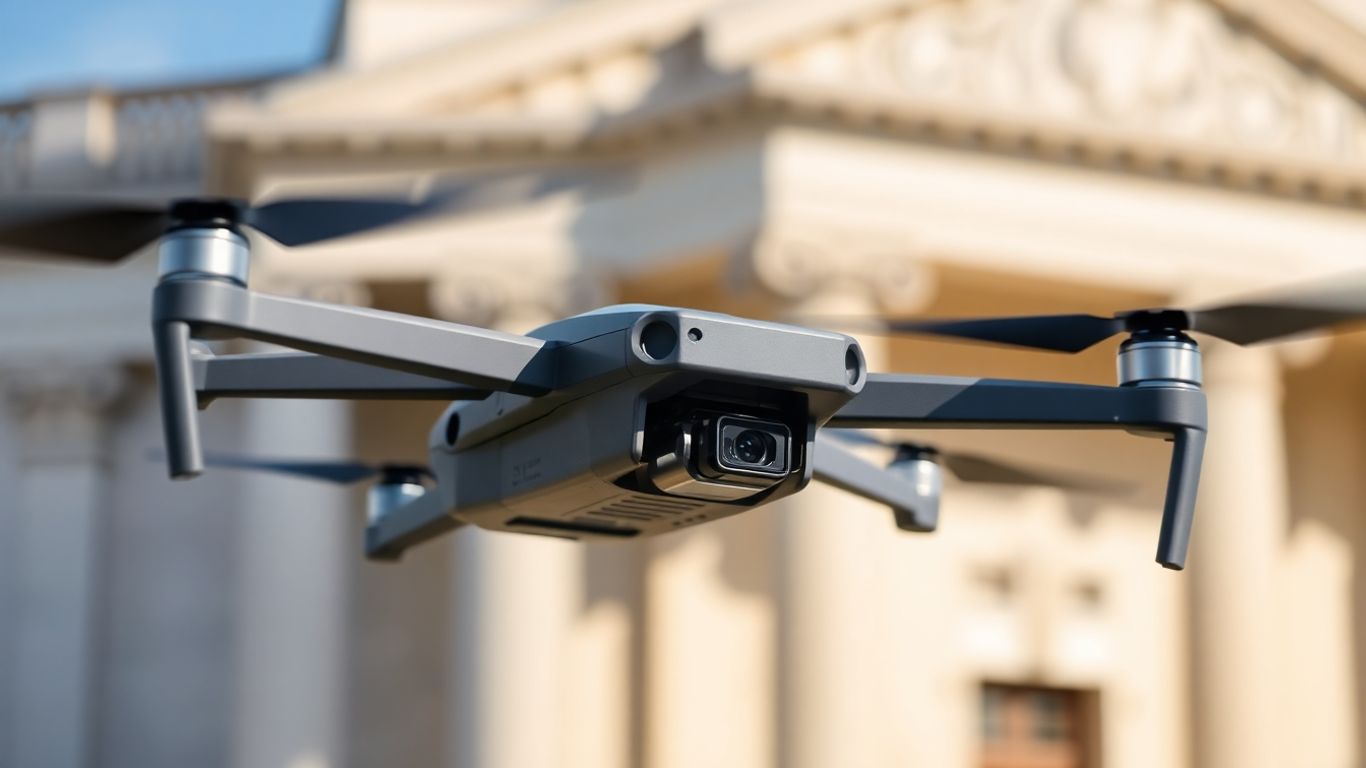 Drone DJI en vol devant un tribunal américain.